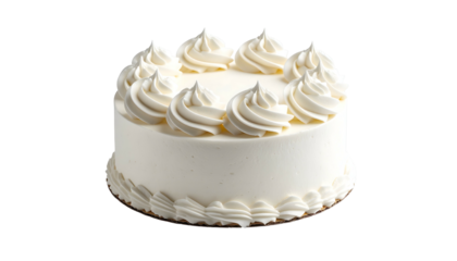 A round, white cake with piped frosting on top and bottom edges, isolated on black