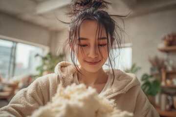 Young woman smiling while whisking cream, creating a fluffy texture in a warm setting