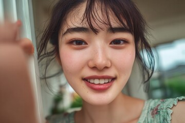 Young asian woman smiling with a natural happy expression, taking a close-up selfie