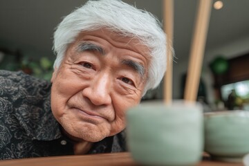 Senior japanese man showing genuine emotion and wisdom with a gentle smile