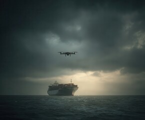 military drone flying low over open sea toward large cargo ship