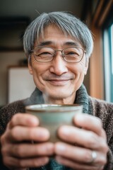 Senior japanese man smiling, holding a steaming cup of tea with both hands