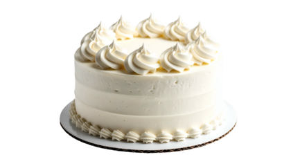 A round, layered cake frosted in white with piped swirls, set on a paper plate