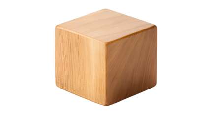 Lightly polished wooden cube with smooth edges and natural texture on transparent background