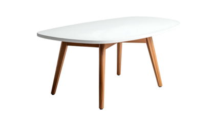 Modern coffee table with white oval top and angled wooden legs, against a black backdrop