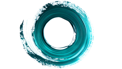 Teal painted brushstroke circle on black. Swirls of bright color create an artistic ring shape