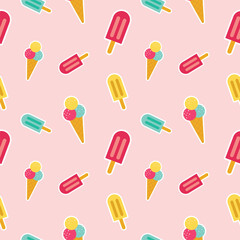 Ice cream seamless pattern. Colorful summer seamless pattern with tropical fruits, ice cream, leaves, Toucan, Flamingo, Flowers, and summer icons Memphis style. Summer seamless vector illustration.