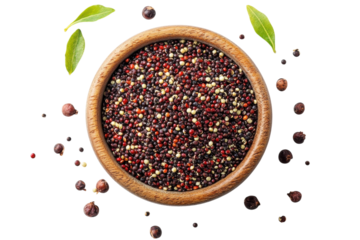Nutrient rich quinoa seeds in a bowl on clean white background isolated on transparent background