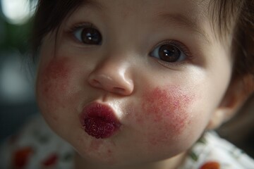 Young child with raspberry on lips and cheeks is innocently looking at camera