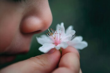Child's face in close-up smelling delicate white flower, experiencing nature and spring