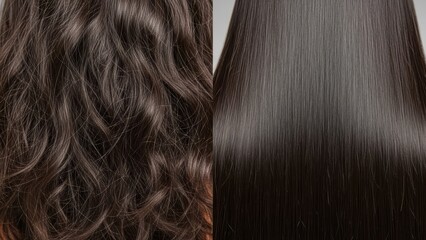 Woman hair before and after straightening. Comparison of unruly and smooth brown hair. Hair care, treatment, and beauty concept.