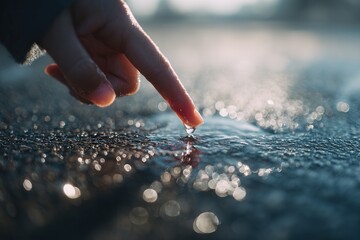 Child's finger gently touching water surface, creating a small ripple with a hanging drop