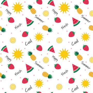Ice cream seamless pattern. Colorful summer seamless pattern with tropical fruits, ice cream, leaves, Toucan, Flamingo, Flowers, and summer icons Memphis style. Summer seamless vector illustration.