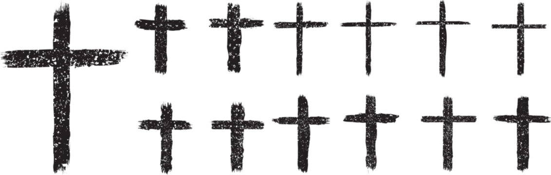 Textured Religion Crosses set . Christian cross . Vector cross with rough edges
