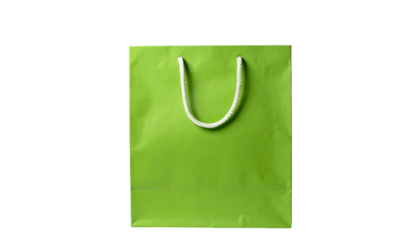 Bright green paper shopping bag with white rope handles against a stark black backdrop