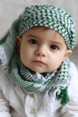 Innocent baby boy looking at camera while wearing traditional green and white scarf