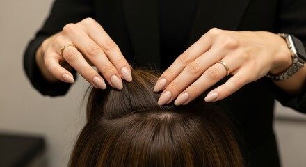 Woman's hands with nude nails styling dark hair with wedding ring in salon
