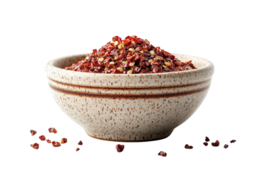 Organic quinoa grains displayed in a bowl on plain white backdrop isolated on transparent background