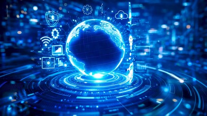 Global digital network sphere with glowing data connections, wireless signals and advanced communication technology across virtual systems - Powered by Adobe