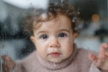 Baby observing raindrops on the window, expressing curiosity and innocence