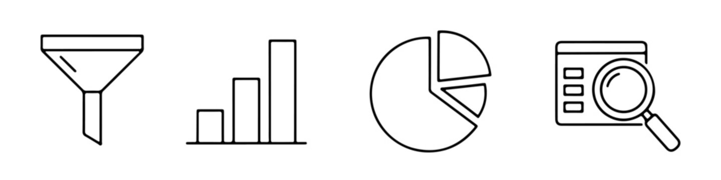 Set of line icons for data analysis, business intelligence, filtering, and search. Includes funnel, bar chart, pie chart, and document with magnifying glass
