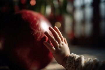 Baby hand reaching out touching a large red ball, exploring a new object
