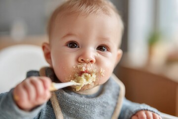 Baby sitting in a high chair enjoying a messy meal with a spoon