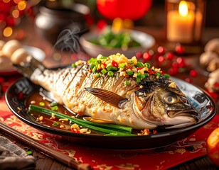 Photorealistic Chinese New Year food photography of whole steamed fish garnished with ginger and scallions, glossy texture, warm directional light, shallow depth of field, elegant festive table settin