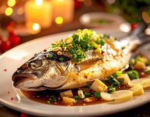 Photorealistic Chinese New Year food photography of whole steamed fish garnished with ginger and scallions, glossy texture, warm directional light, shallow depth of field, elegant festive table settin