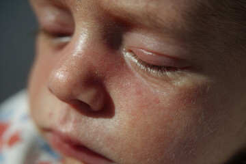Newborn baby sleeping with closed eyes showing delicate skin and tiny eyelashes