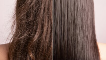 Woman with damaged and healthy hair before after split image. Hair care treatment result and beauty concept for product promotion.