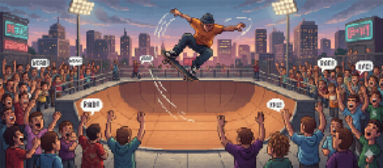 A vibrant pixel art scene featuring a skateboarder mid-air during a night competition, with a cheering crowd, city skyline, and bright stadium lights © drawing lines