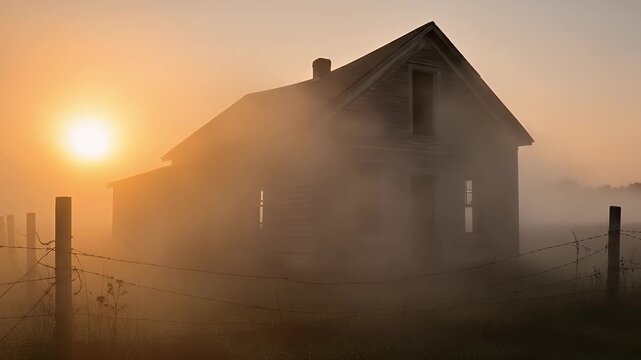 A hauntingly atmospheric scene unfolds with an old, abandoned wooden house silhouetted against the warm glow of a sunrise or sunset. Thick, ethereal mist or fog drifts and swirls around the dilapidate