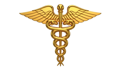 Golden caduceus symbol with wings and snakes on black background 1