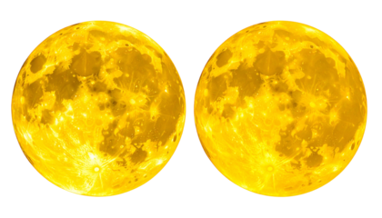 Two illuminated celestial bodies resembling moons in shades of gold against a stark black backdrop