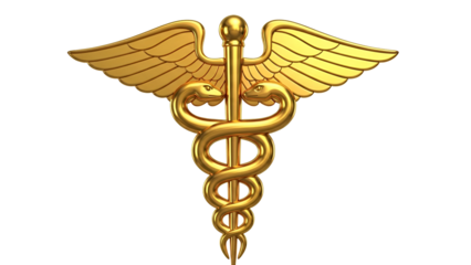 Golden caduceus symbol with wings and snakes on black background