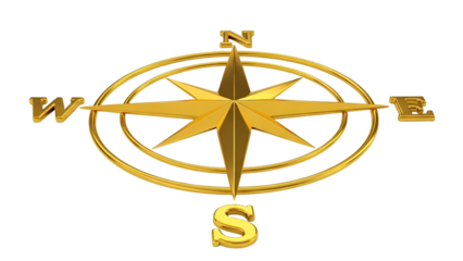 Golden compass rose with cardinal directions on black background