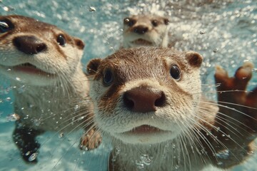 Innocent joy: young otters frolicking in nature's embrace. Minimal design. Energetic otters displaying innocence and curiosity in water. Visual balance. Advertising photo.
