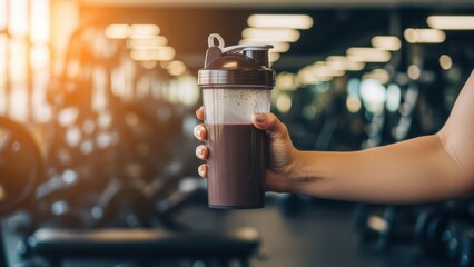 Woman hand holding protein shaker bottle with drink in gym. Fitness training and healthy lifestyle for sport nutrition