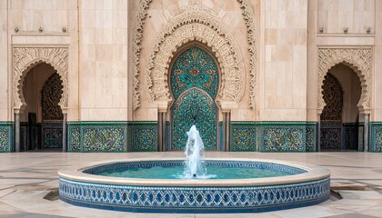 A beautifully crafted fountain with intricate tile work beside ornate archways in a majestic building