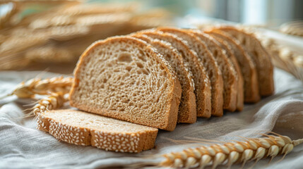 Slices of bread, wheat ears on linen tablecloth. Blurred kitchen background. Creative food template. Copy space. Close-up