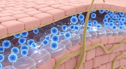 Microscopic view of human skin layers with blue nano-particles and collagen fibers.