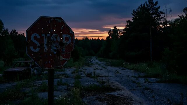 An intensely dramatic outdoor shot depicts a weathered and bullet-riddled stop sign standing sentinel on a desolate, cracked asphalt road. Overgrown vegetation encroaches on the forgotten path, leadin