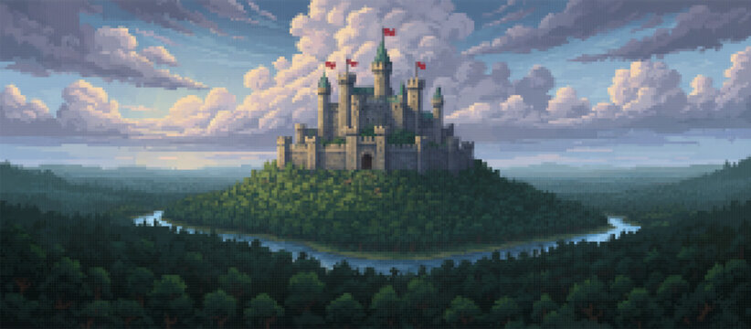 Majestic pixel art castle with blue spires atop a forested hill, overlooking an autumn valley with a winding river and distant mountains under a serene dusk sky