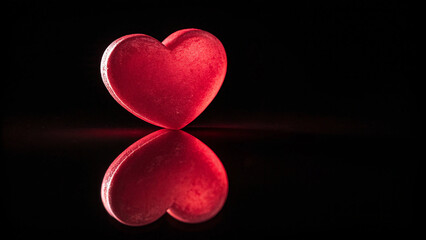 Fototapeta premium A heart-shaped object, glowing with dark red light, is positioned centrally against stark black background