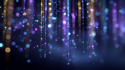 Abstract purple blue background with golden and cyan light threads, soft bokeh, festive mood, depth, luxury, glow.
