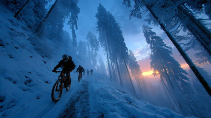 Mountain bikers ride a snowy forest trail at sunset, fog, cold, speed, adventure, extreme winter sport, teamwork.