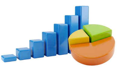 Colorful 3 D bar chart and pie chart on black background
