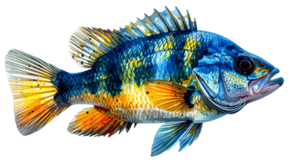A vibrant, detailed illustration of a blue, yellow, and orange fish against a black background