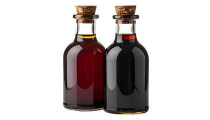 Two small glass bottles with cork stoppers, filled with dark liquids on black backdrop